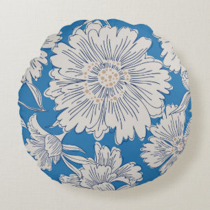 Hand drawn abstract garden flowers. Contour drawin Round Cushion