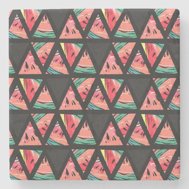 Hand Drawn Abstract Watermelon Pattern Stone Coaster (Front)