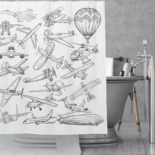 Hand drawn Aeroplanes Aviation Pilot Aviator Fun Shower Curtain