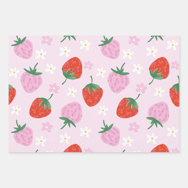 Hand-Drawn Aesthetic Strawberry Seamless Pattern Wrapping Paper Sheet (Front)