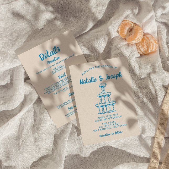 Hand Drawn All In One Blue Champagne Tower Wedding Invitation (Creator Uploaded)