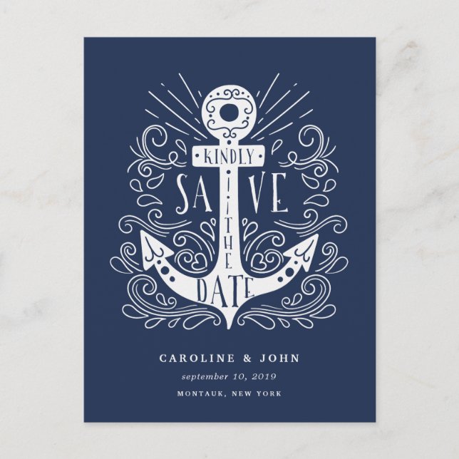 Hand Drawn Anchor Save the Date Announcement Postcard (Front)