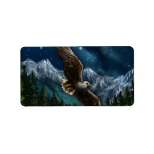 hand drawn and painted eagle in sky label