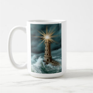 hand drawn and painted light house by the sea coffee mug