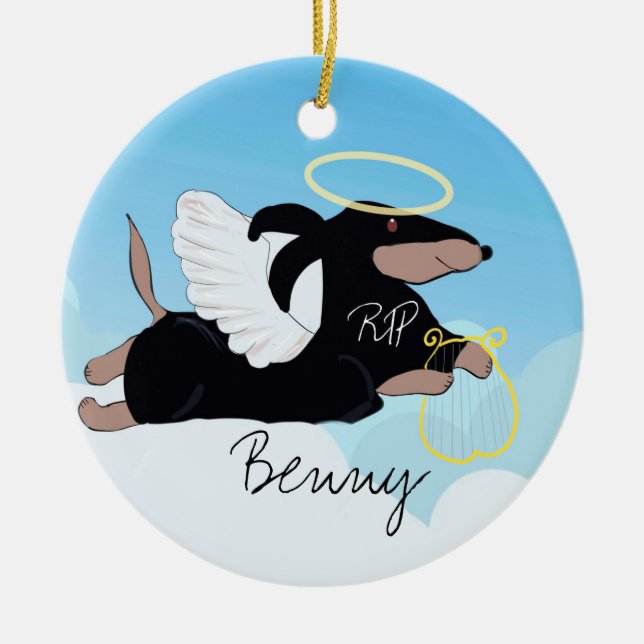 Hand drawn angel in loving memory dachshund ceramic ornament (Front)