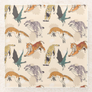 Hand Drawn Animals in the Wild Retro Sketch Glass Coaster