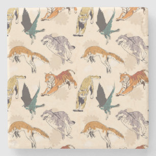 Hand Drawn Animals in the Wild Retro Sketch Stone Coaster