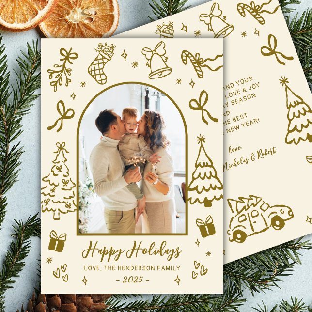 Hand-Drawn Arch Photo Gold Beige Christmas Happy Holiday Card (Creator Uploaded)