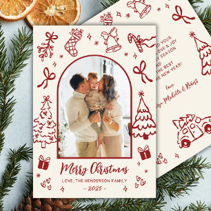 Hand-Drawn Arch Photo Red Beige Merry Christmas Holiday Card