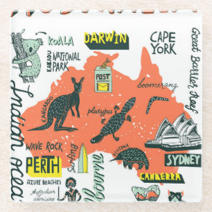 Hand-drawn Australian attractions, typography post Glass Coaster