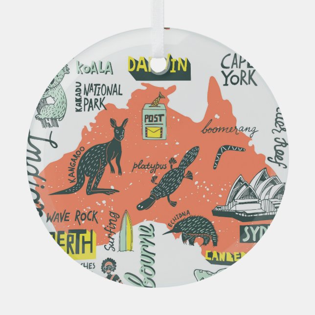 Hand-drawn Australian attractions, typography post Glass Tree Decoration (Front)