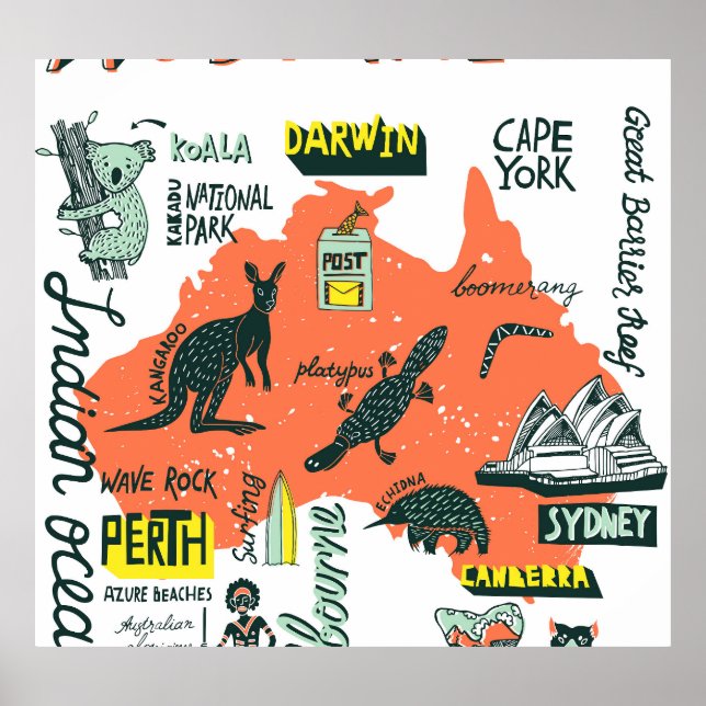 Hand-drawn Australian attractions, typography post Poster (Front)