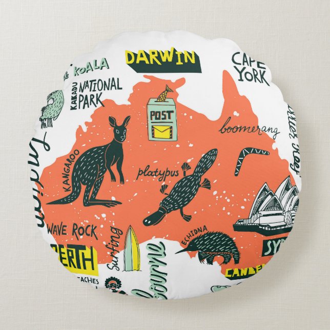 Hand-drawn Australian attractions, typography post Round Cushion (Front)