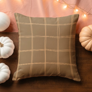 Hand Drawn Autumn Brown and Cream Grid Cushion