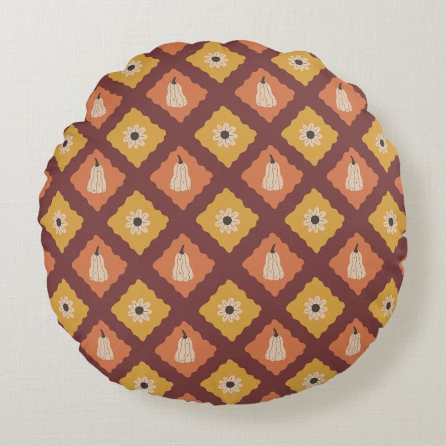 Hand Drawn Autumn Diamond Pattern Round Pillow (Front)
