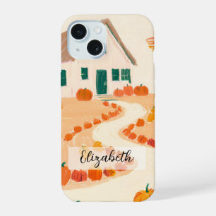 Hand Drawn Autumn Fall House Lined with Pumpkins iPhone 15 Case