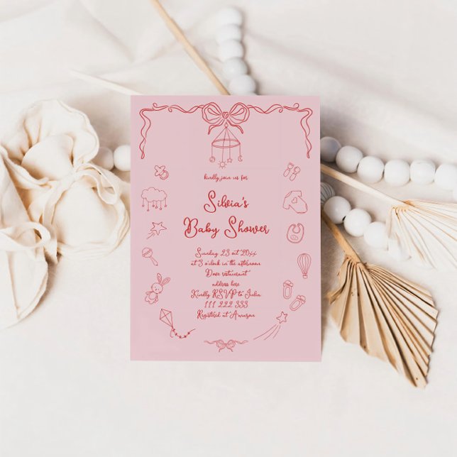 Hand Drawn Baby Shower, Bow Baby Girl Handwritten  Invitation (Creator Uploaded)