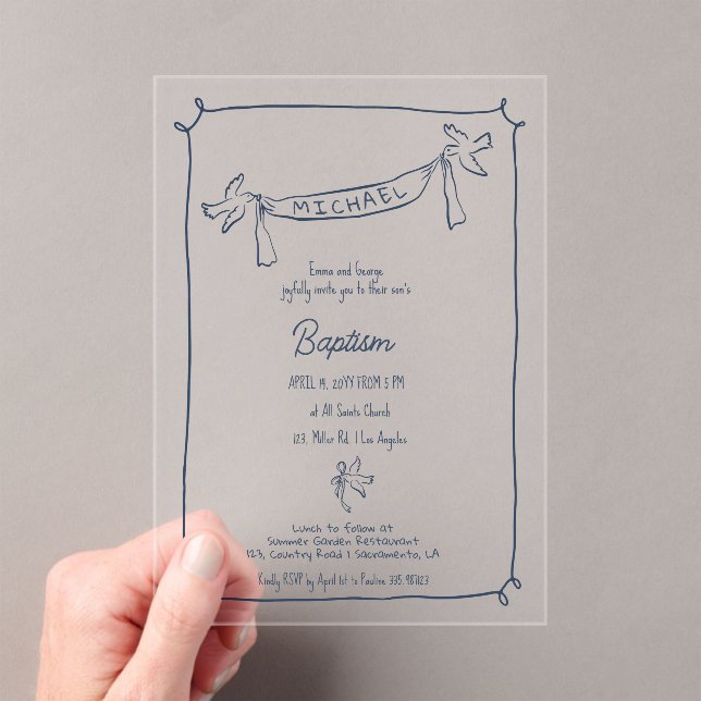 Hand drawn Baptism acrylic invitation with doves (Insitu (Handheld))