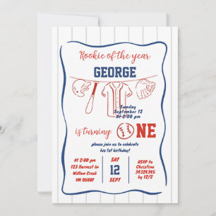 Hand Drawn Baseball 1st Birthday Invitation