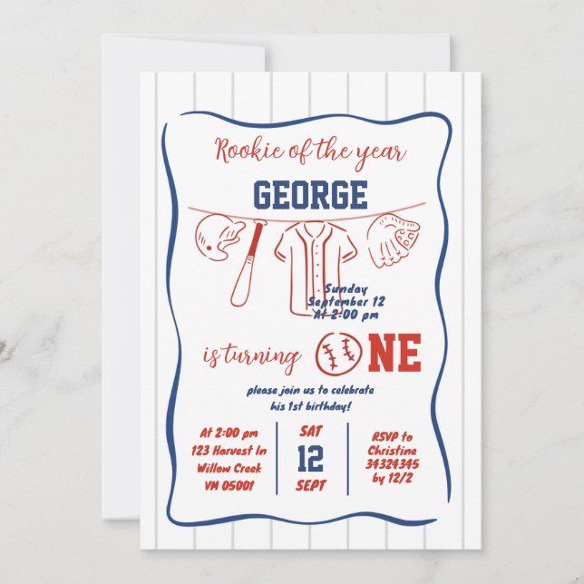 Hand Drawn Baseball 1st Birthday Invitation (Front)