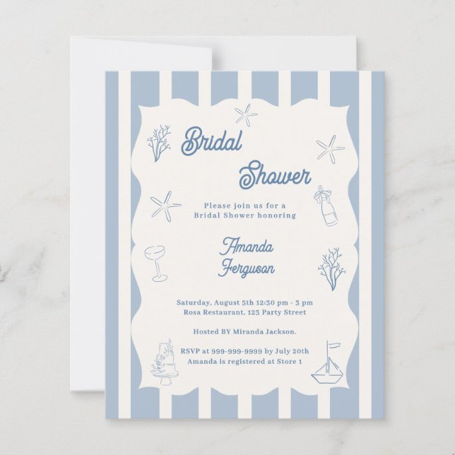 Hand drawn beach blue Bridal Shower invitation (Front)