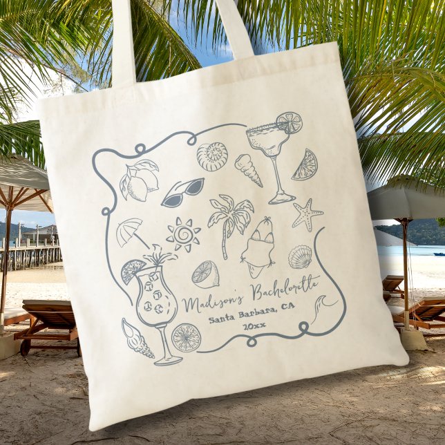Hand Drawn Beach Doodle Illustrations Bachelorette Tote Bag (Creator Uploaded)