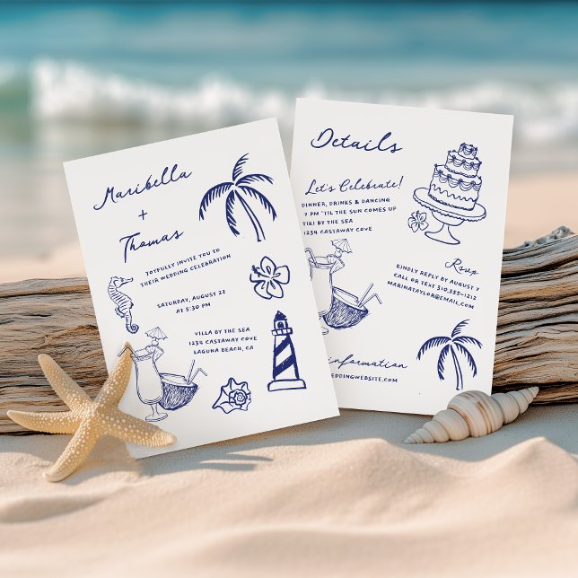 Hand Drawn Beach Doodles All in One Wedding Invitation (Creator Uploaded)