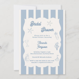 Hand drawn beach dusty blue ivory Bridal Shower Invitation