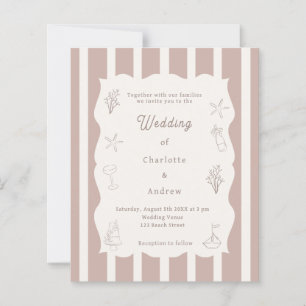 Hand drawn beach ivory taupe wedding invitation