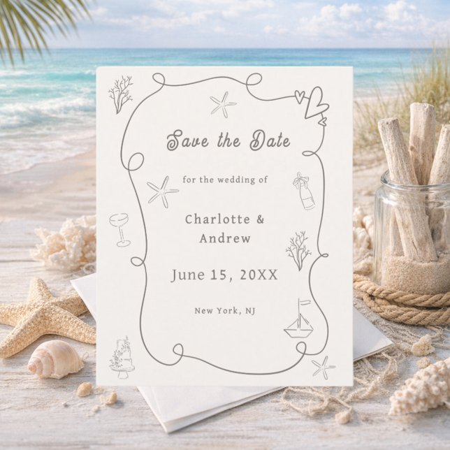 Hand drawn beach ivory taupe wedding Save the Date (Creator Uploaded)