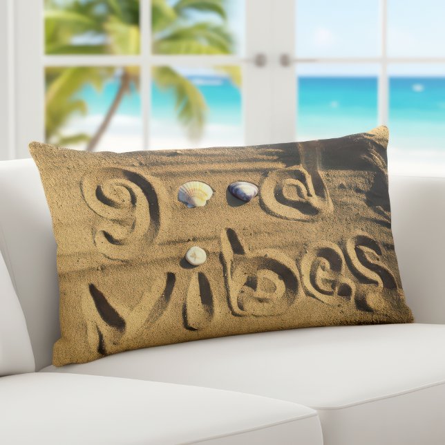 Hand Drawn Beach Sand Good Vibes Quote Photo Fun  Lumbar Cushion (Creator Uploaded)