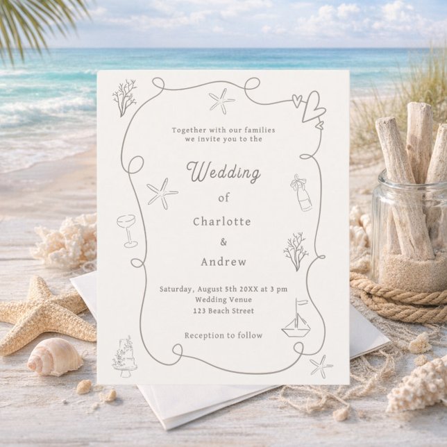 Hand drawn beach sand ivory wedding invitation (Creator Uploaded)