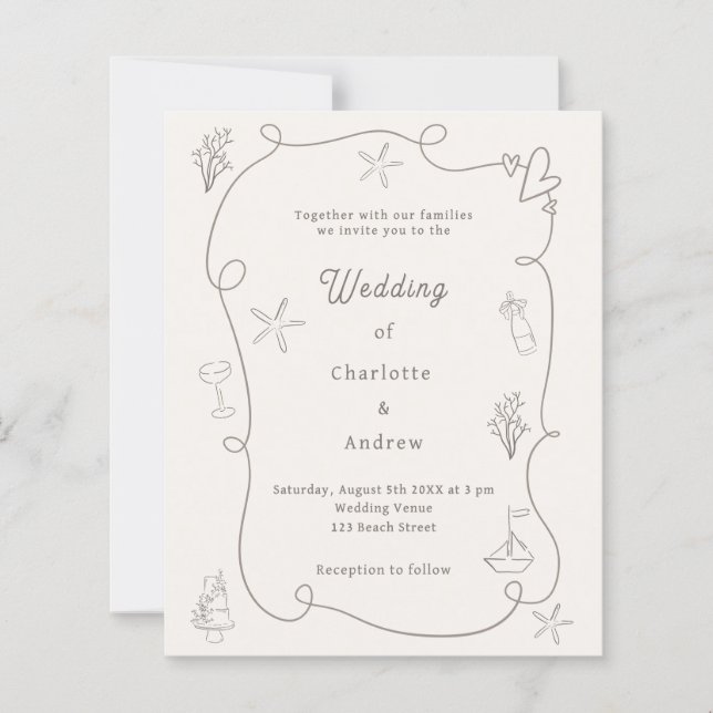 Hand drawn beach sand ivory wedding invitation (Front)
