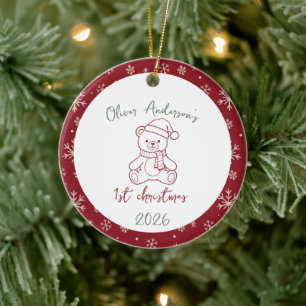 Hand drawn Bear First Christmas Baby Boy or Girl Ceramic Ornament