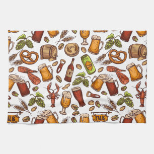 Hand Drawn Beer and Snacks Pattern Tea Towel