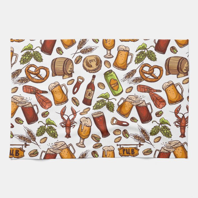 Hand Drawn Beer and Snacks Pattern Tea Towel (Horizontal)