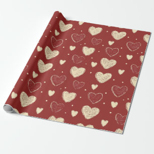 Hand-Drawn Beige Red Heart Pattern Illustration Wrapping Paper