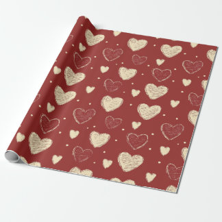Hand-Drawn Beige Red Heart Pattern Illustration Wrapping Paper