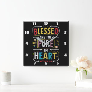 Hand-Drawn Bible Verse: Blessed Pure Heart Square Wall Clock
