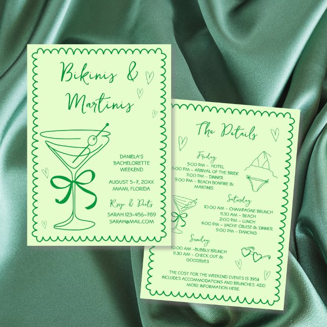  Hand Drawn Bikinis & Martinis Green Bachelorette Invitation (Hand Drawn Bikinis & Martinis Bachelorette Weekend Invitation weekend itinerary green)