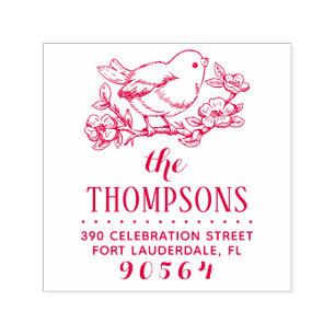 Hand-drawn Bird & Branch Name Return Address Self-inking Stamp