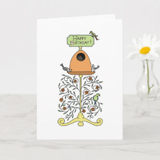 Hand-drawn bird feeder design birthday card