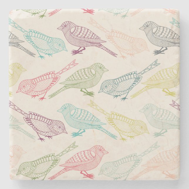 Hand Drawn Bird Sketches of Different Colours Stone Coaster (Front)