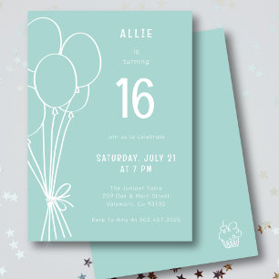 Hand Drawn Birthday Balloon Any Age Aqua Green Invitation