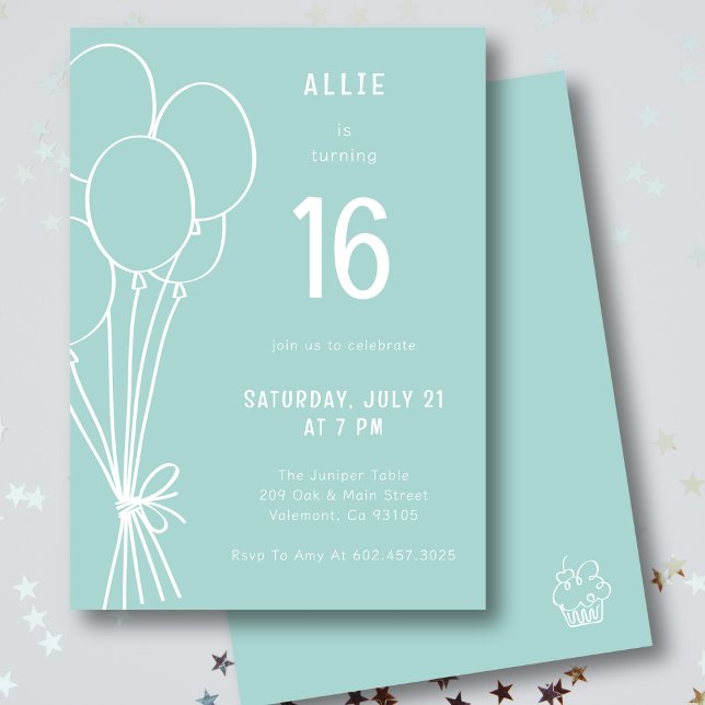 Hand Drawn Birthday Balloon Any Age Aqua Green Invitation (Creator Uploaded)