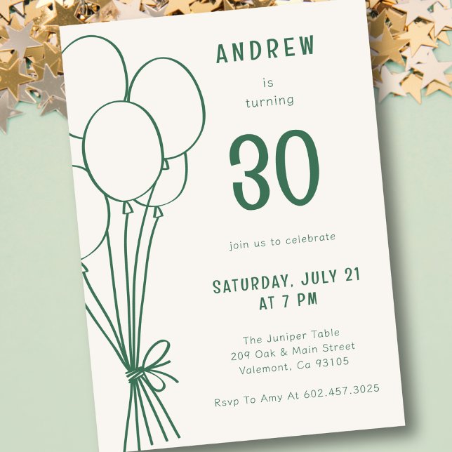 Hand Drawn Birthday Balloon Any Age Green Simple Invitation (Creator Uploaded)