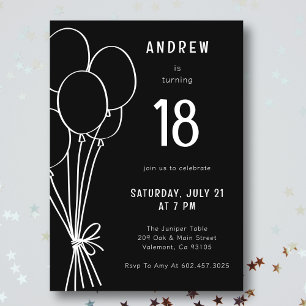 Hand Drawn Birthday Balloon Black and White Boys Invitation