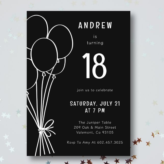 Hand Drawn Birthday Balloon Black and White Boys Invitation (Creator Uploaded)