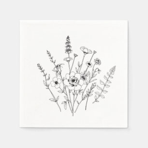 Hand Drawn Black and White Delicate Floral  Napkin
