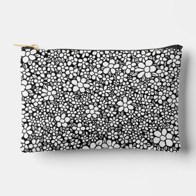 Hand Drawn Black and White Flower Pattern Accessory Pouch (Front)